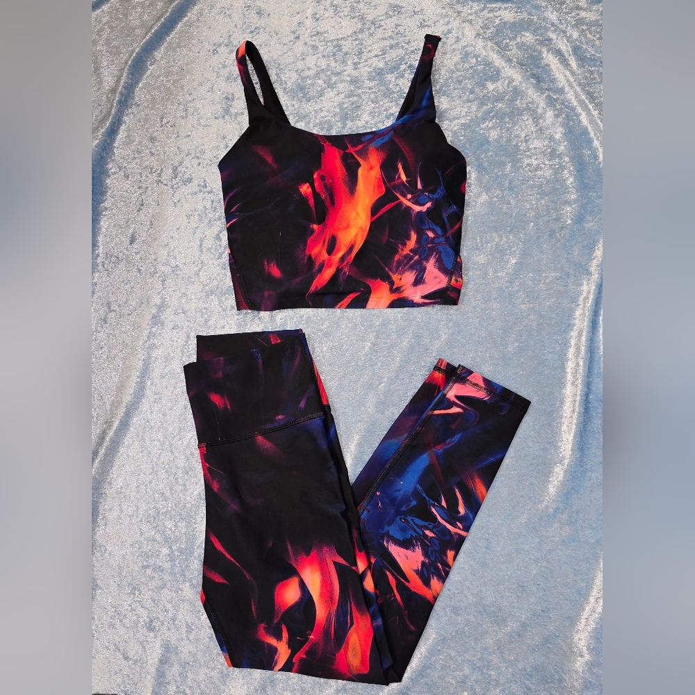 Old Navy Flame Print Black Red Blue Workout Leggings & Crop Tank Set